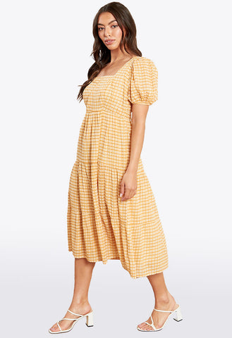 Yellow Square Neck Open Tie Back Tiered Midi Dress