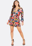 Long Balloon Sleeve Plunge Playsuit In Multi Floral Print