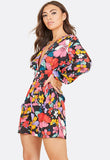 Long Balloon Sleeve Plunge Playsuit In Multi Floral Print