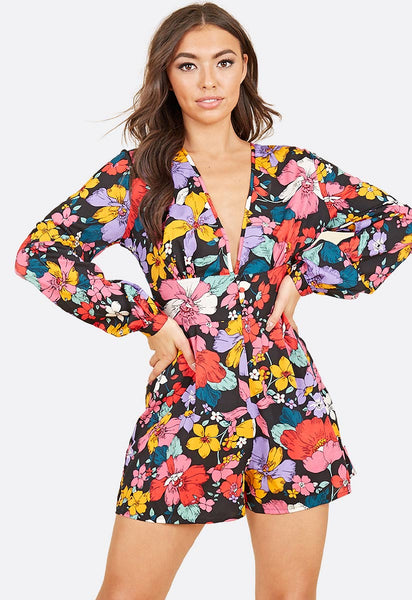 Long Balloon Sleeve Plunge Playsuit In Multi Floral Print