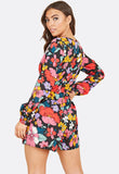 Long Balloon Sleeve Plunge Playsuit In Multi Floral Print