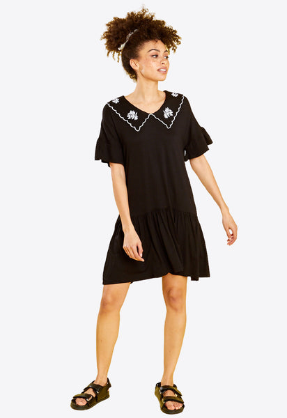 Black Drop Waist Jersey Smock Dress With Embroidered Collar