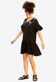 Black Drop Waist Jersey Smock Dress With Embroidered Collar