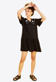 Black Drop Waist Jersey Smock Dress With Embroidered Collar