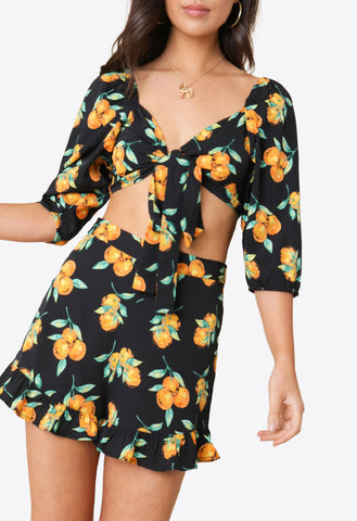 Black Fruit Short Sleeves Crop Top