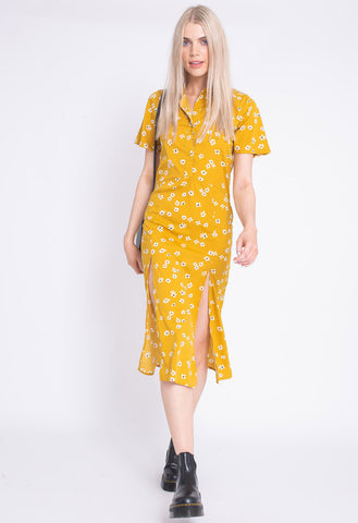 Mustard Daisy Floral Print Midi Dress With Splits