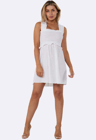 White Shirred Mini Dress With Skater Skirt