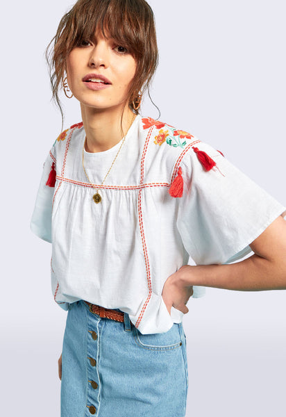 White Embroidered Tassel Swing Top