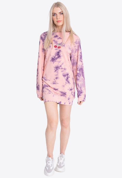 Tie Dye Sweat Dress with Cherry Print