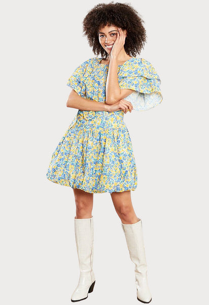 Yellow Floral Ditsy Swing Blouse And Puffball Mini Skirt Set