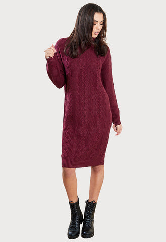 Wine Roll Neck Cable Jumper Dress