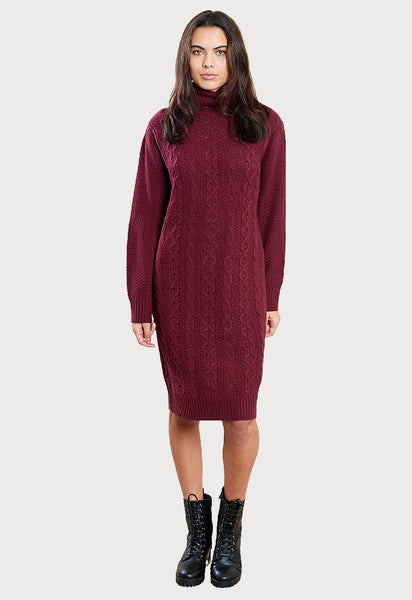 Wine Roll Neck Cable Jumper Dress