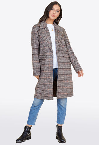 Dark Brown Check Through On Boyfriend Coat