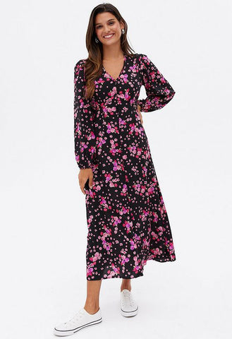 Black Ditsy Floral Button Front Midi Dress