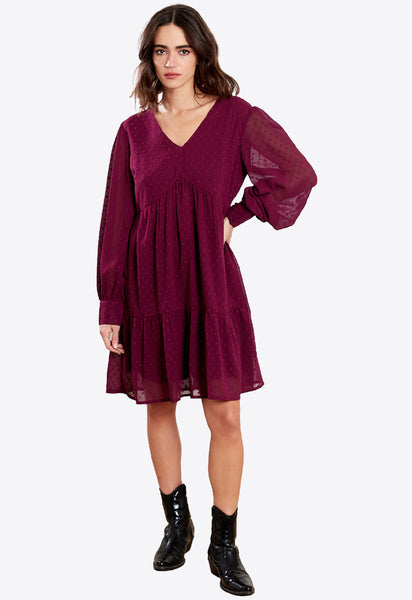 Burgundy V Neck Smock Mini Dress