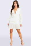 White Plunge Neck Ruffle Frill Dobby Mini Shift Dress