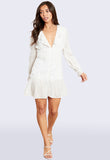 White Plunge Neck Ruffle Frill Dobby Mini Shift Dress