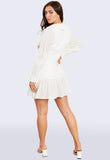 White Plunge Neck Ruffle Frill Dobby Mini Shift Dress