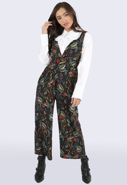 Black Botanical Floral Pinafore Jumpsuit