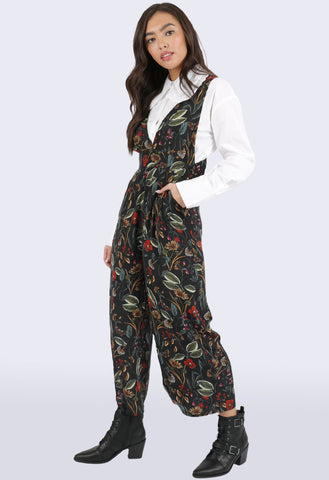 Black Botanical Floral Pinafore Jumpsuit