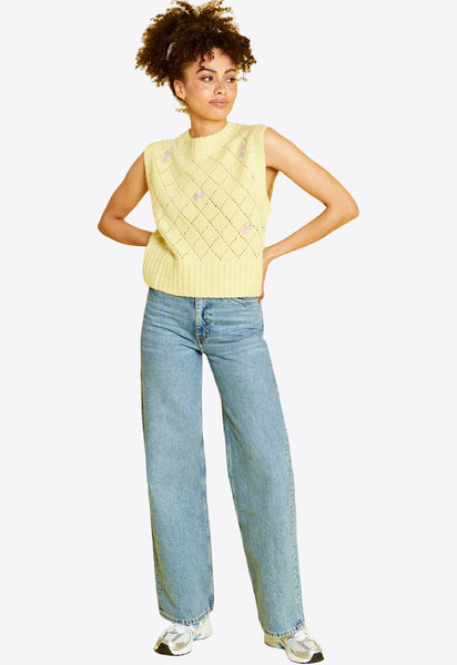 Yellow Knitted Vest Jumper with Floral Embroidery