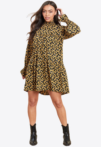 Yellow Floral High Neck Smock Mini Dress