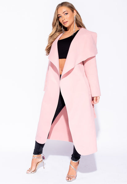 Pink Plus Size Waterfall Collar Belted Duster Coat