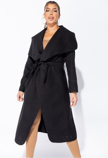 Black Plus Size Waterfall Collar Belted Duster