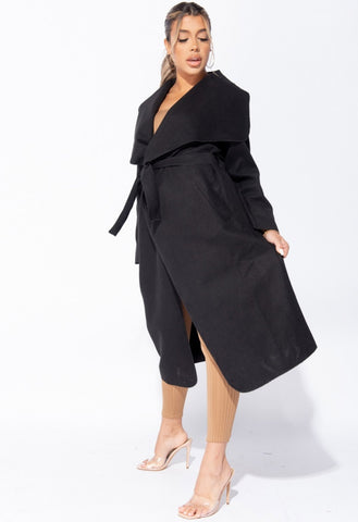 Black Plus Size Waterfall Collar Belted Duster