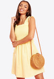 Yellow Shirred Mini Dress With Skater Skirt