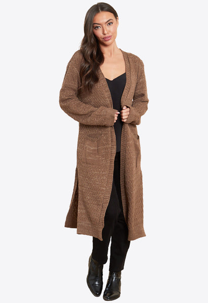 Mocha Midi Split Hem 2 Pocket Knitted Cardigan