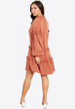 Rust Dropped Hem Smock Mini Dress With Tie Neck