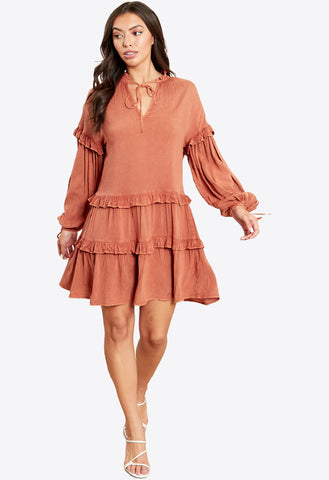 Rust Dropped Hem Smock Mini Dress With Tie Neck