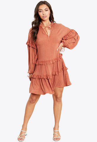 Rust Dropped Hem Smock Mini Dress With Tie Neck