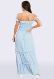 Dusty Blue Bardot Frill Tiered Maxi Dress