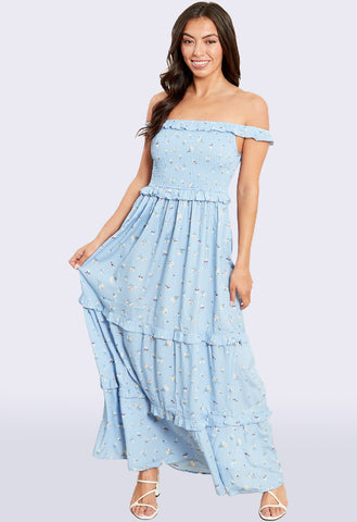 Dusty Blue Bardot Frill Tiered Maxi Dress