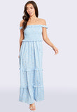 Dusty Blue Bardot Frill Tiered Maxi Dress