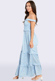 Dusty Blue Bardot Frill Tiered Maxi Dress