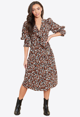 Shirred Cuff Ruffle Wrap Midi Dress