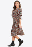 Shirred Cuff Ruffle Wrap Midi Dress