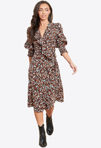 Shirred Cuff Ruffle Wrap Midi Dress