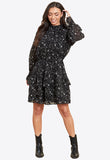 Black Star Print High Shirred Neck Mini Dress