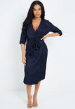 Navy Belted V Neck Short Sleeves Wrap Midi Dress