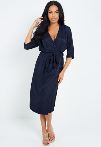 Navy Belted V Neck Short Sleeves Wrap Midi Dress