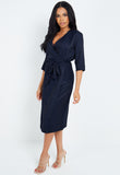 Navy Belted V Neck Short Sleeves Wrap Midi Dress