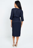 Navy Belted V Neck Short Sleeves Wrap Midi Dress