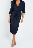 Navy Belted V Neck Short Sleeves Wrap Midi Dress