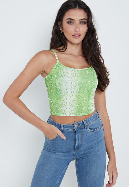 Neon Green Snake Print Cami Crop Top