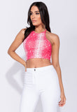 Neon Pink Snake Print Halter Neck Crop Top