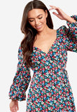 Multi Floral Wrap Front Bubble Sleeves Midi Dress